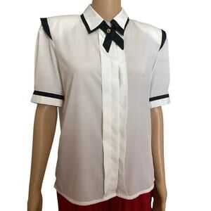 Vintage 90’s button front closure white blouse with black trim necktie sz 7/8